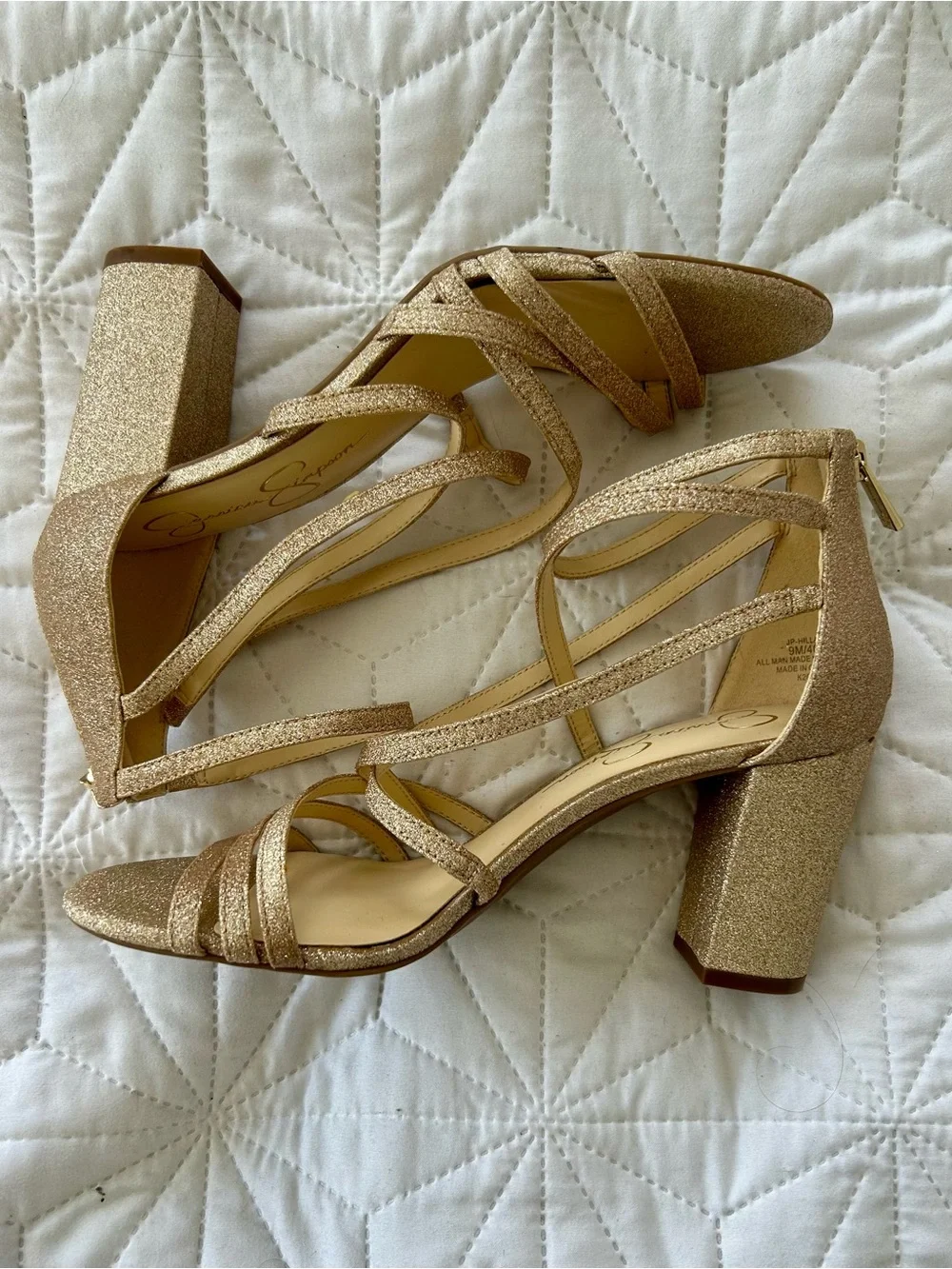 Jessica Simpson Champagne Gold Glitter Strappy Ankle Tie Heels